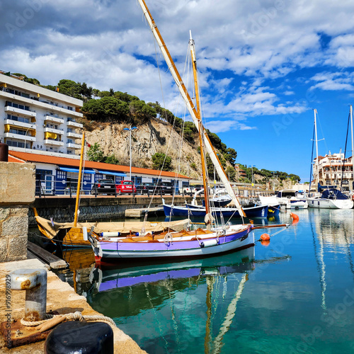 Sailing boats and yachts moored in marina. Seascape with port and yachts in background. Arenys de Mar. Catalonia. Spain. photo