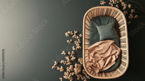 A wicker bassinet with a soft peach blanket and a teal pillow, surrounded by scattered white flowers on a dark green background.