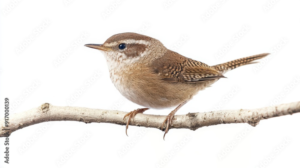 A small brown bird perched on a branch against a white background. A small brown bird perched on a branch against a white background.