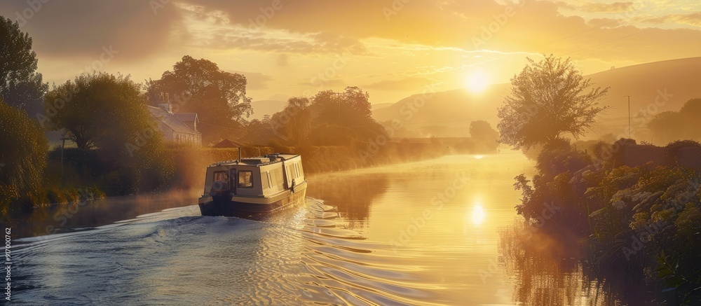 A serene sunrise scene featuring a houseboat barge peacefully navigating an Irish canal with a scenic view and plenty of copy space image for text or graphics A serene sunrise scene featuring a houseboat barge peacefully navigating an Irish canal with a scenic view and plenty of copy space image for text or graphics