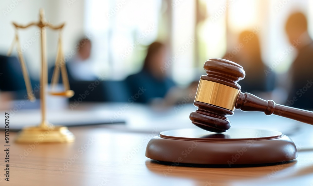 Wooden Gavel on Courtroom Table Representing Justice and Law in Action