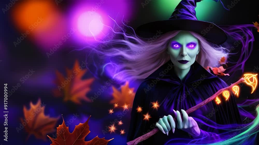 witch with glowing green eyes and flowing white hair holds a magical staff emitting neon light against a dark background with swirling autumn leaves and bokeh lights. Halloween copy space backdrop