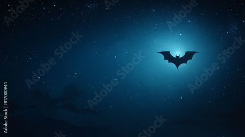 Bat Silhouette on Dark Blue Background with Copy Space