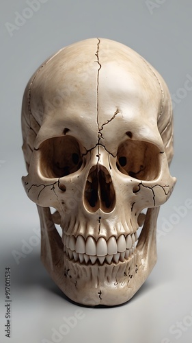 A human skull front view in studio light , clean isolated background