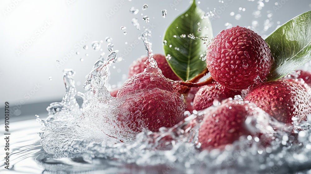 Dynamic splash of water with multiple lychees bursting in mid-air on a bright clean background, showcasing the vibrant and fresh fruit in surreal photorealistic detail with high resolution.
Dynamic splash of water with multiple lychees bursting in mid-air on a bright clean background, showcasing the vibrant and fresh fruit in surreal photorealistic detail with high resolution.