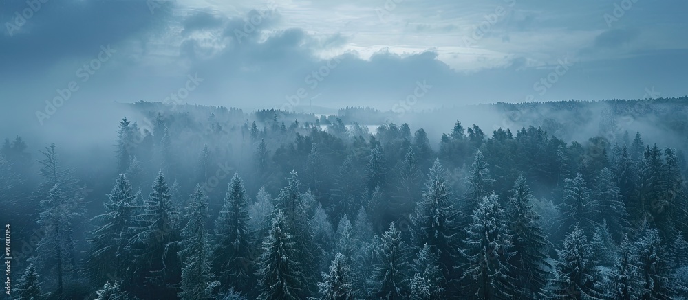 Aerial drone photograph featuring a misty winter forest with low hanging rain clouds casting a mysterious atmosphere over trees with a lake in the distance visible in the copy space image Aerial drone photograph featuring a misty winter forest with low hanging rain clouds casting a mysterious atmosphere over trees with a lake in the distance visible in the copy space image