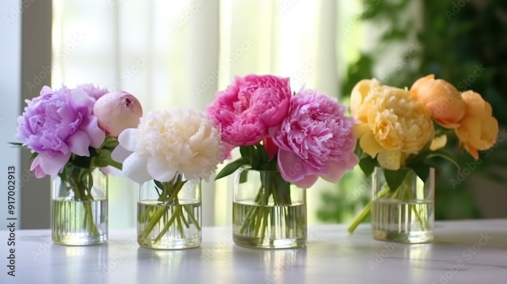 A Row of Peonies in Vases A Row of Peonies in Vases