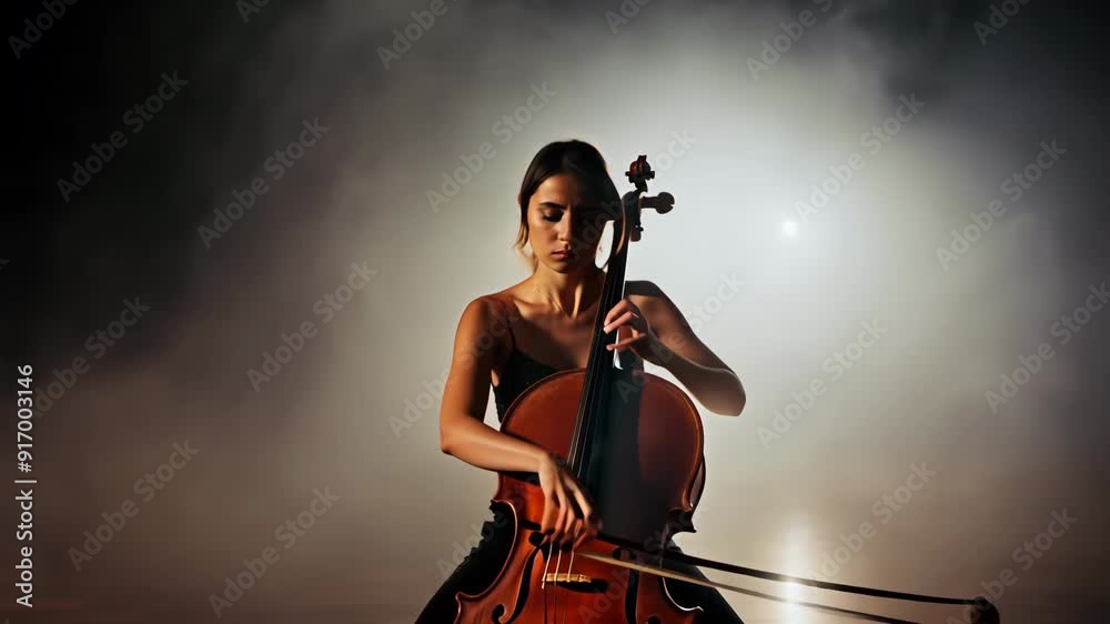 Instrumental live music concert. Classical musician. Musical performer play cello with bow at theatre stage. Cellist player solo perform. Elegant female artist silhouette. Beautiful professional girl.