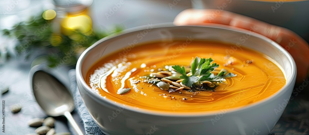 Creamy roasted pumpkin and carrot soup topped with seeds and fresh greens in a setting suitable for a copy space image Creamy roasted pumpkin and carrot soup topped with seeds and fresh greens in a setting suitable for a copy space image