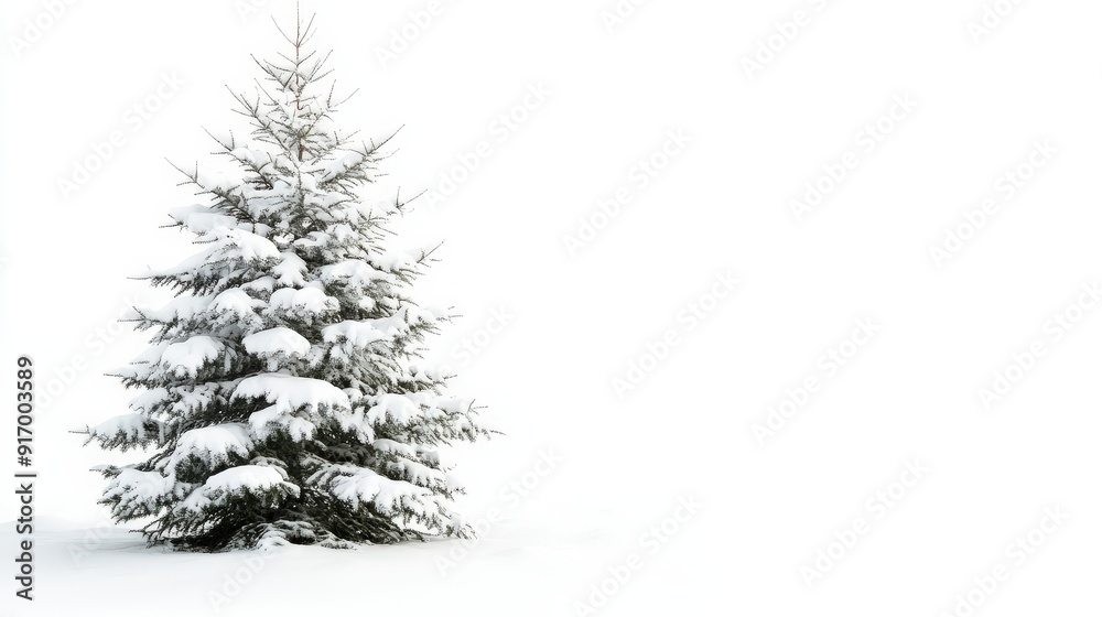 Fototapeta premium Snow-covered evergreen fir tree isolated on a clean white background during winter season.