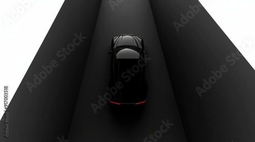 A black car drives down a narrow, winding road. The road is lined by high walls, creating a sense of confinement. The car's headlights illuminate the path ahead. photo