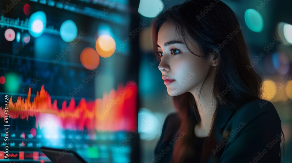 A young professional woman analyzing financial charts on her tablet, with a serious and focused expression. A young professional woman analyzing financial charts on her tablet, with a serious and focused expression.
