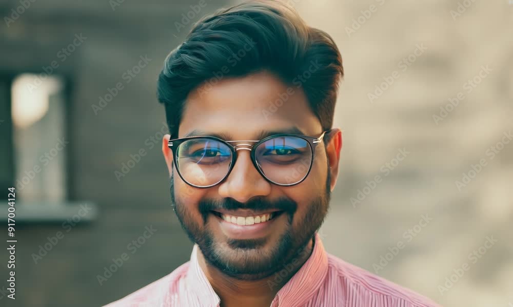 Portrait of a smiling Indian man in eyeglasses and pink shirt Portrait of a smiling Indian man in eyeglasses and pink shirt