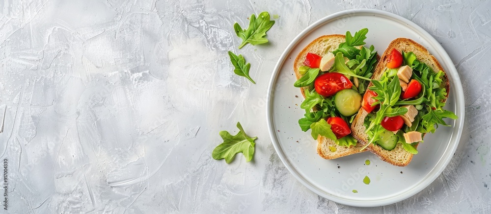 Top view of toast topped with canned tuna fish fillet and salad on a gray background with a designated copy space image Top view of toast topped with canned tuna fish fillet and salad on a gray background with a designated copy space image