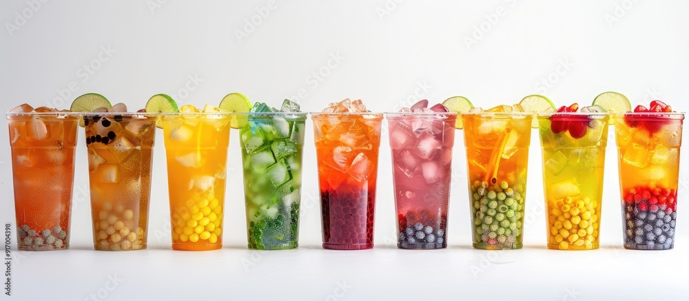 Fototapeta premium Colorful and flavorful iced boba drinks with a variety of options and available copy space image