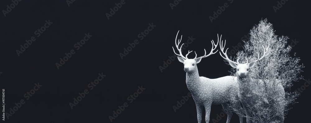 Obraz premium A white deer with large antlers stands in front of a dark background.