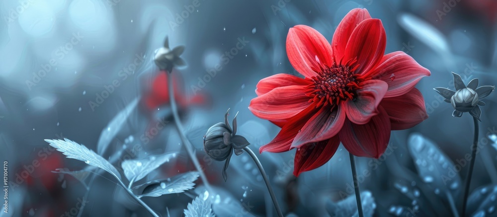 Obraz premium A striking red flower in the garden grabs attention with its delicate petals and robust stem providing an eye catching copy space image