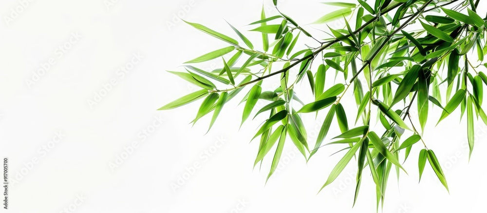 Isolated on a white backdrop a bamboo branch with vibrant green leaves creates a serene copy space image Isolated on a white backdrop a bamboo branch with vibrant green leaves creates a serene copy space image