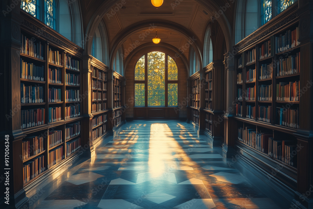 Perspective view of classic library with sunlight shinning to the window. Perspective view of classic library with sunlight shinning to the window.