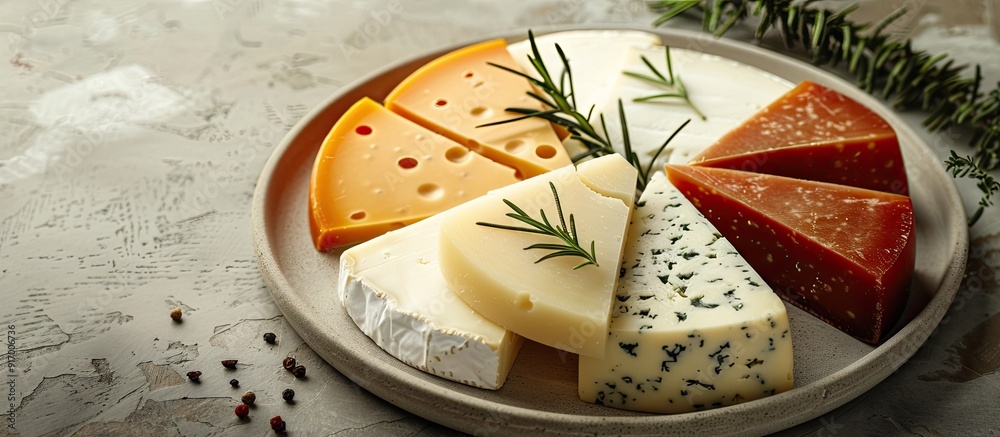 Varieties of cheese sliced on a plate garnished with rosemary with copy space image included Varieties of cheese sliced on a plate garnished with rosemary with copy space image included