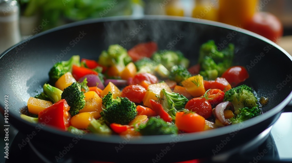 An image focusing on a non-stick frying pan with fresh vegetables An image focusing on a non-stick frying pan with fresh vegetables
