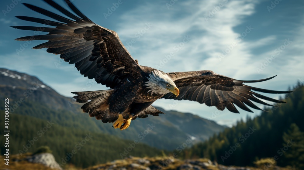 Obraz premium Bald Eagle in flight with mountains in the background at sunset.