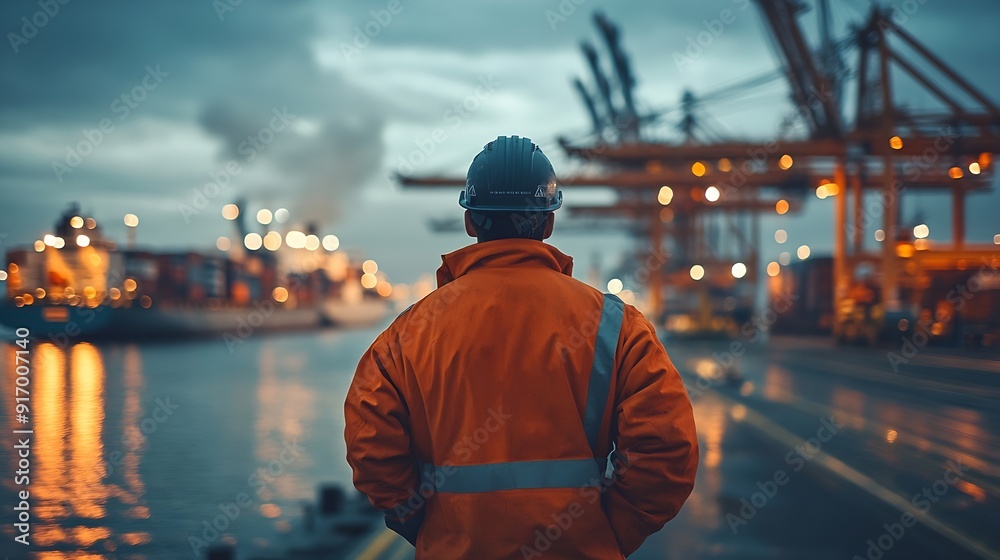Offshore technician Seafarer Seaman Navigator A man in a boiler suit is standing in front of the port Seafarer in front of the container terminal : Generative AI Offshore technician Seafarer Seaman Navigator A man in a boiler suit is standing in front of the port Seafarer in front of the container terminal : Generative AI