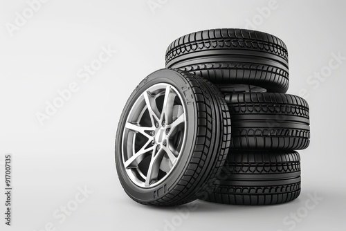 A stack of shiny car tires with alloy wheels on a white background. Perfect for automotive advertisements, car sales promotions, or mechanic shop visuals. Simple and clean design. AI photo