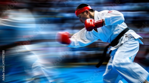 Intense Kumite Action: Male Karateka Competing with Determination photo