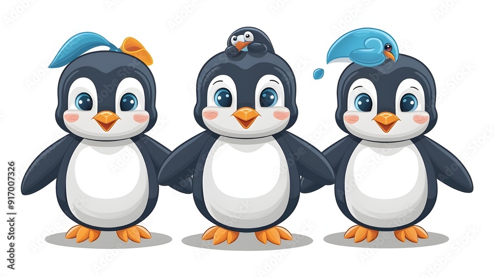 Naklejka premium A cute cartoon set of penguins that float like birds and are incapable of flying.