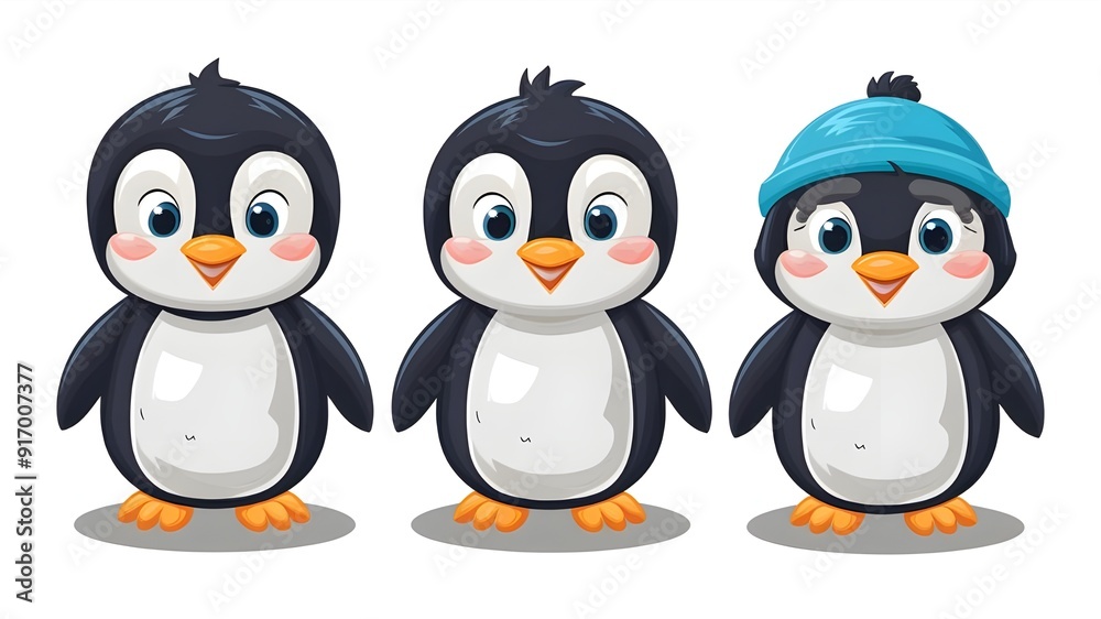 Naklejka premium A cute cartoon set of penguins that float like birds and are incapable of flying.