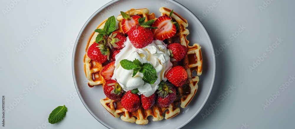 Belgian waffles topped with strawberries cream sauce and mint against a plain background for a copy space image Belgian waffles topped with strawberries cream sauce and mint against a plain background for a copy space image