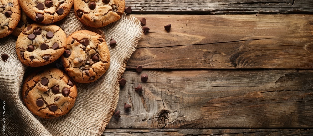Warm homemade chocolate chip cookies on wooden surface with a rustic feel set against a background with ample copy space image Warm homemade chocolate chip cookies on wooden surface with a rustic feel set against a background with ample copy space image