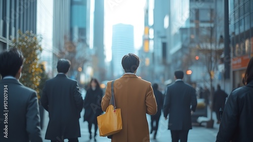 Office Managers and Business People Commute to Work in the Morning or from Office on a Sunny Day on Foot Pedestrians are Dressed Smartly Successful People Walking in Downtown Cloudy Da : Generative AI