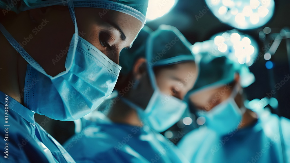 Surgeons Operating Under Bright Surgical Lights Wearing Masks Scrubs Focused Attention Surgeons Operating Under Bright Surgical Lights Wearing Masks Scrubs Focused Attention