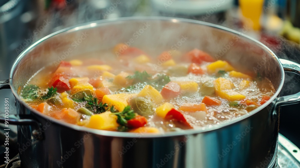 An image of a large stockpot with bubbling soup or stew, showcasing the vibrant ingredients and steam rising. An image of a large stockpot with bubbling soup or stew, showcasing the vibrant ingredients and steam rising.