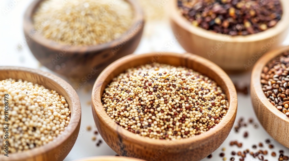 A close-up of various whole grains including quinoa, brown rice, barley, and millet, each in a separate small bowl. A close-up of various whole grains including quinoa, brown rice, barley, and millet, each in a separate small bowl.