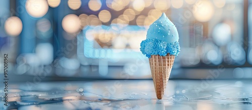 A blue ice cream cone with a blurred background leaving a copy space image for text or designs