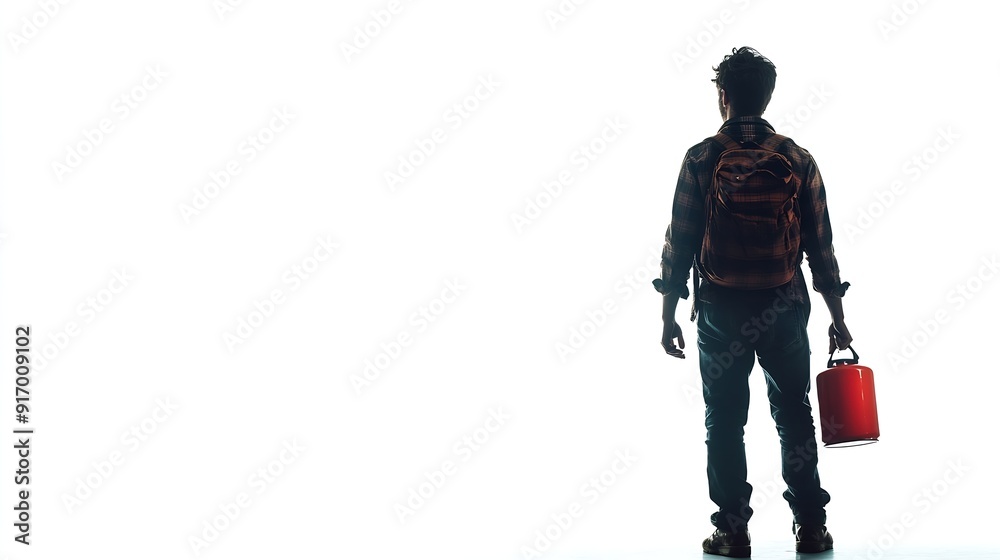 one caucasian man out of gas holding can full length silhouette in studio isolated white background : Generative AI one caucasian man out of gas holding can full length silhouette in studio isolated white background : Generative AI