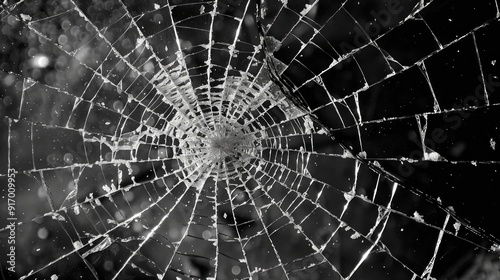 A broken windowpane with a spiderweb pattern of cracks spreading from a central point of impact. Small shards and glass dust add to the sense of realism, emphasizing the force that caused the break. 