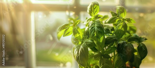 Basil plant in a pot by the window in a kitchen with fresh organic leaves a vegan spice grown at home copy space image for home gardening and food cultivation