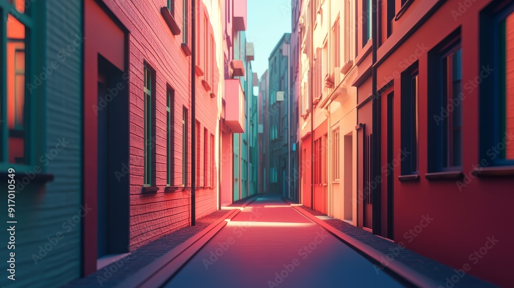 Fototapeta premium A narrow, colorful street lined with buildings, with sunlight streaming down. The street leads to a darker, shaded area in the distance.