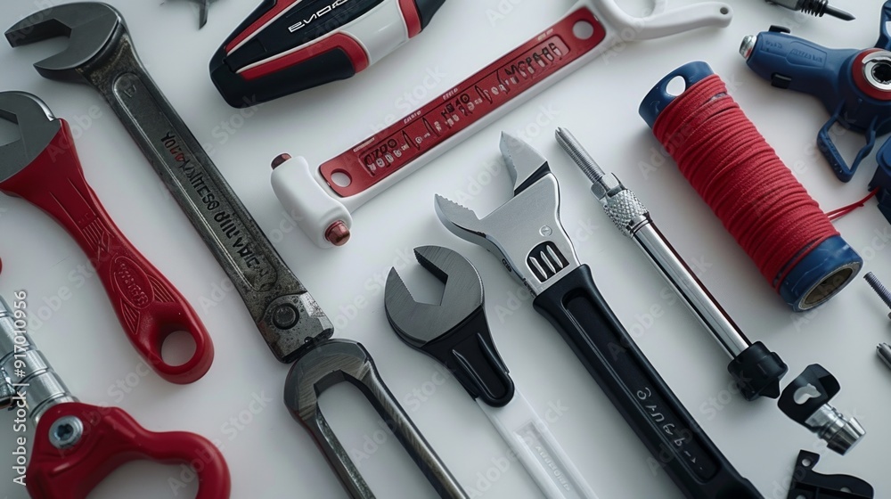 A close-up of a plumber’s tools including a pipe wrench, plumber’s tape, and pipe cutter, laid out on a white surface. A close-up of a plumber’s tools including a pipe wrench, plumber’s tape, and pipe cutter, laid out on a white surface.