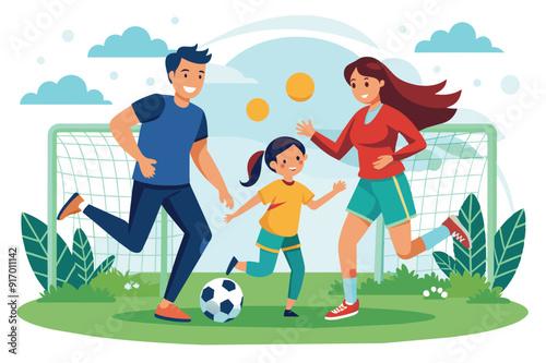 Happy active family playing football or soccer outdoors. Kids and parents spending time together in summer. Colored flat vector illustration of sports game isolated on white background