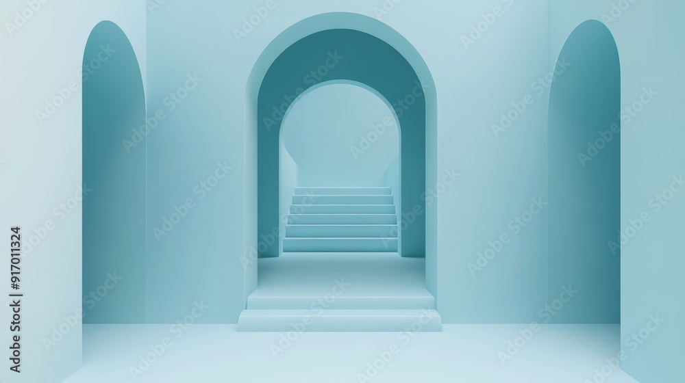 Abstract minimalist hallway with arched doorways and blue color palette. Abstract minimalist hallway with arched doorways and blue color palette.