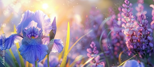 A vibrant purple iris bloom fills the copy space image with charm blooming in a spring garden photo