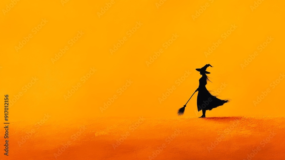 Fototapeta premium Halloween Witch on Orange Background with Copy Space