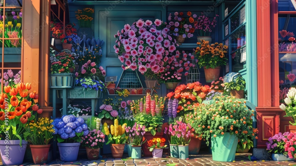 Fototapeta premium Vibrant blooms at florist's entrance.