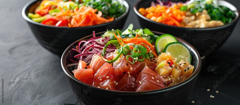 Fresh poke bowls from a side perspective are displayed against a dark backdrop allowing for ample copy space image Fresh poke bowls from a side perspective are displayed against a dark backdrop allowing for ample copy space image