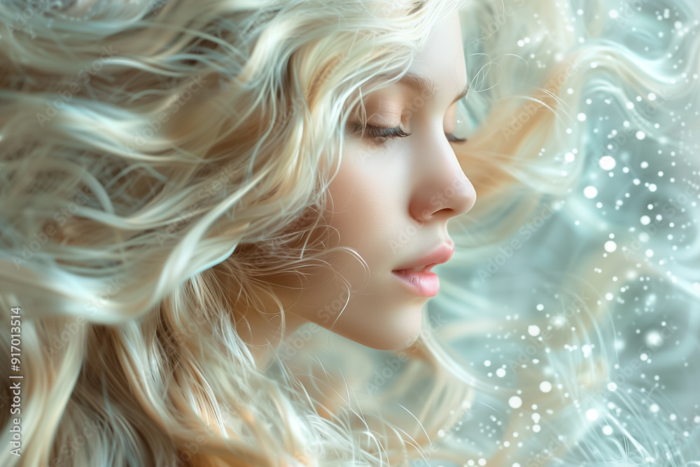 Captivating portrait of a fair-haired woman amidst flowing hair, creating a mesmerizing ethereal atmosphere with soft lighting and delicate details Captivating portrait of a fair-haired woman amidst flowing hair, creating a mesmerizing ethereal atmosphere with soft lighting and delicate details
